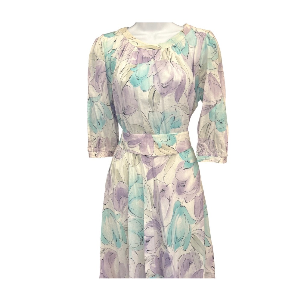 80s Peter Hahn Cotton Midi Dress Watercolor Floral Cottagecore Romantic Garden - Picture 2 of 6